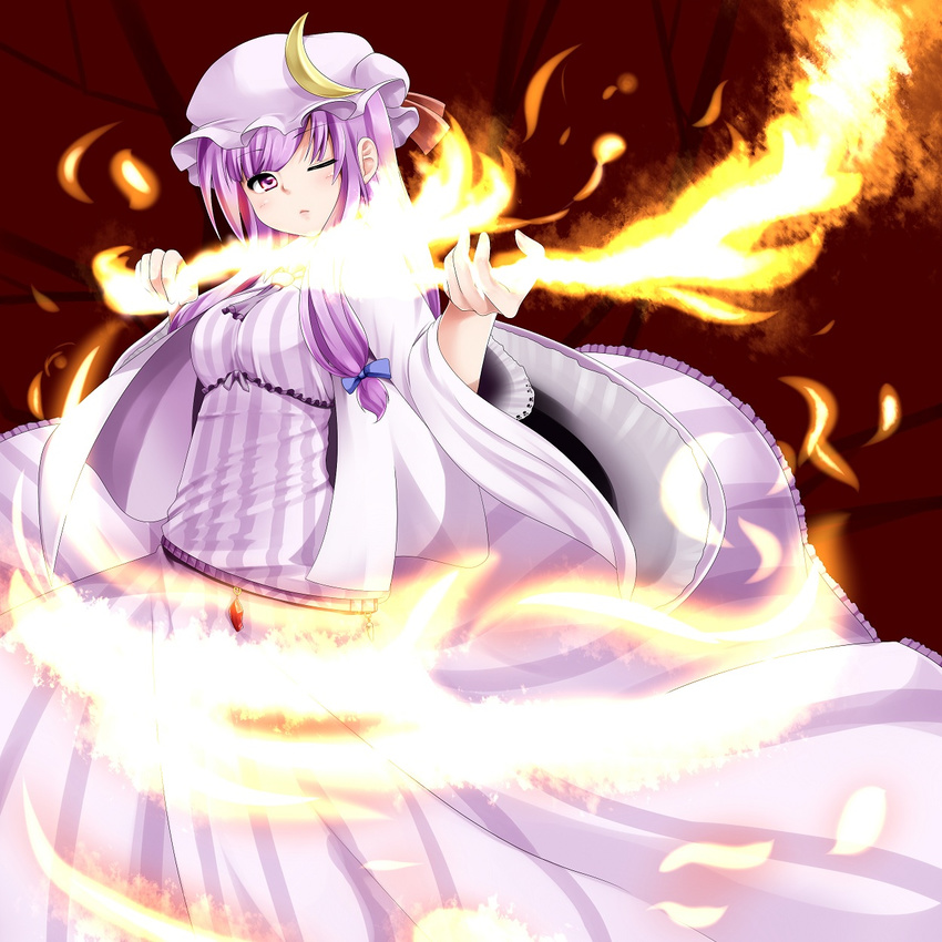 aiming crescent fire hat highres long_hair magic miki_purasu one_eye_closed patchouli_knowledge purple_eyes purple_hair solo touhou