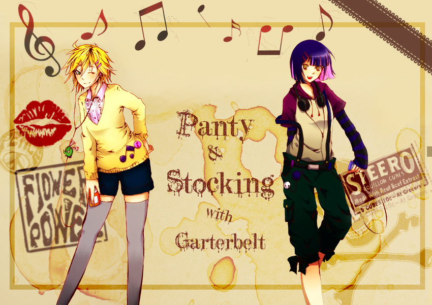 androgynous bad_id bad_pixiv_id badge bangs blonde_hair blue_hair button_badge cardigan chuck_(psg) earphones genderswap green_eyes headphones hood hoodie kuromazyoarisa male_focus multicolored_hair multiple_boys panty_&amp;_stocking_with_garterbelt pink_hair short_shorts shorts stocking_(psg) thighhighs two-tone_hair white_legwear yellow_eyes zettai_ryouiki