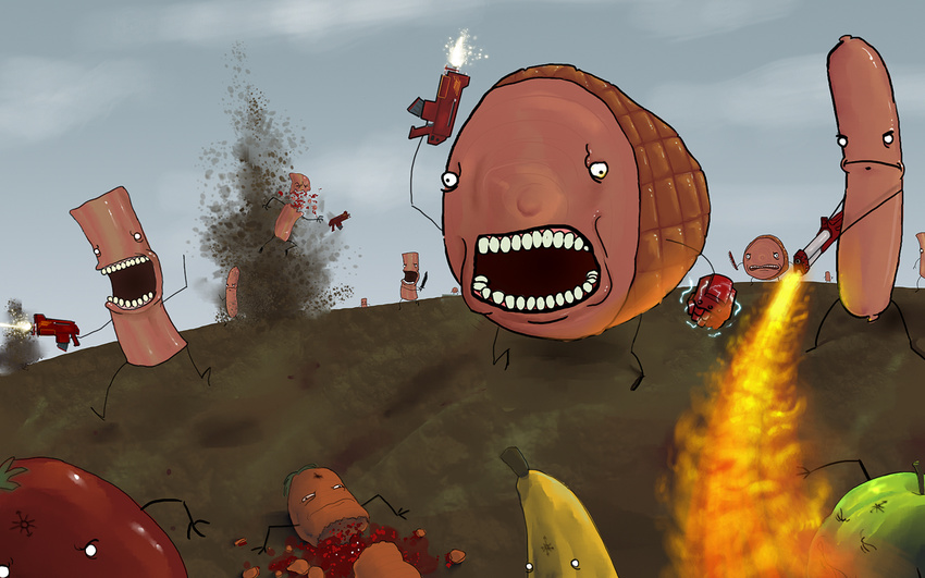 bacon banana battle bolter carrot fire flamethrower food fruit group gun ham hot_dog inanimate meat powerfist ranged_weapon sausage the_truth tomato unknown_artist vegetable war warhammer_(franchise) warhammer_40k weapon what