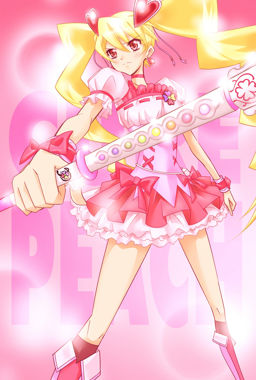 bad_id bad_pixiv_id bare_arms blonde_hair boots bow character_name choker corset cure_peach earrings eyelashes foreshortening fresh_precure! frown hair_ornament hairpin heart heart_hair_ornament highres holding holding_wand jewelry knee_boots kneehighs kojikoji long_hair magical_girl momozono_love peach_rod pink_bow pink_choker pink_footwear precure red_eyes ribbon serious skirt solo sparkle twintails wand