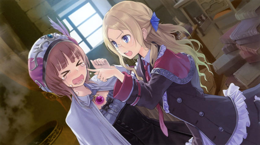 &gt;_&lt; atelier_(series) atelier_rorona blonde_hair closed_eyes cuderia_von_feuerbach glasses hat highres kishida_mel long_hair long_sleeves multiple_girls necktie one_side_up red_hair rororina_fryxell short_hair tears