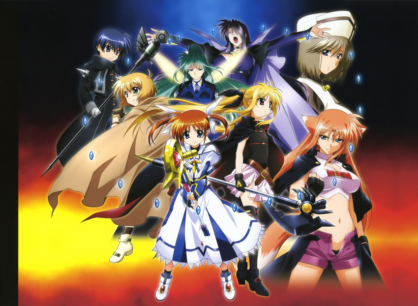 6+girls absurdres animal_ears arf bardiche blue_eyes blue_hair breasts brown_hair cape chrono_harlaown cleavage detexted energy_wings facial_mark fate_testarossa fingerless_gloves forehead_mark gloves green_eyes green_hair hair_over_one_eye hair_ribbon hat highres lindy_harlaown linith long_hair lyrical_nanoha mahou_shoujo_lyrical_nanoha mahou_shoujo_lyrical_nanoha_the_movie_1st megami midriff military military_uniform multiple_girls necktie official_art okuda_yasuhiro open_mouth ponytail precia_testarossa purple_eyes purple_hair raising_heart red_eyes red_hair ribbon s2u short_hair short_twintails skirt staff takamachi_nanoha twintails uniform very_long_hair yuuno_scrya