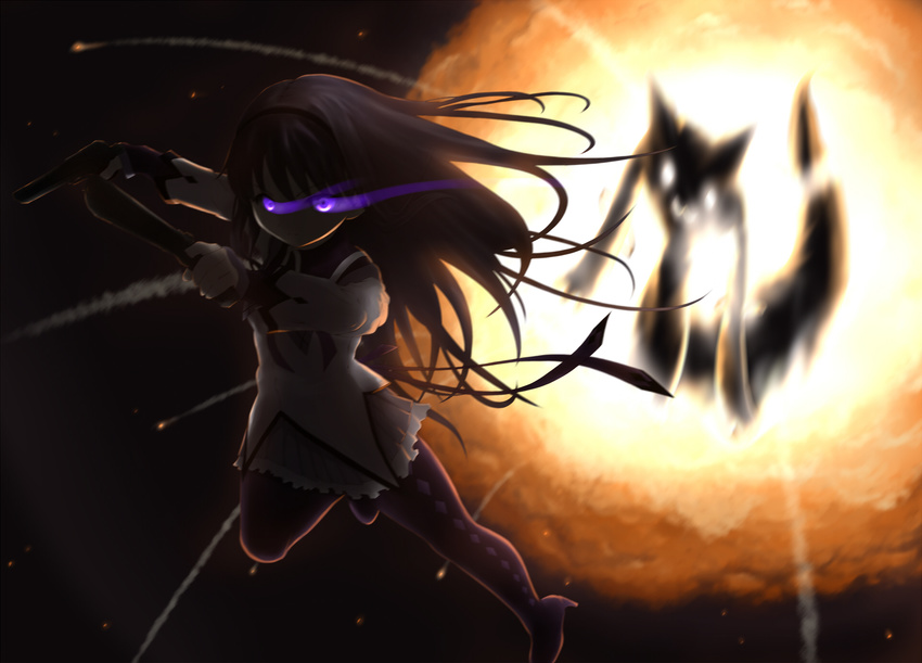 akemi_homura black_hair black_legwear dual_wielding glowing glowing_eyes gun hairband high_heels highres holding kyubey long_hair magical_girl mahou_shoujo_madoka_magica pantyhose peroshiti_aniki purple_eyes shoes solo weapon