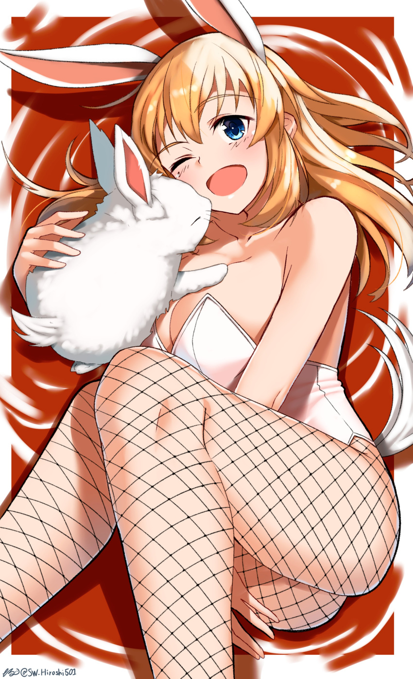 1girl absurdres animal_ears blue_eyes breasts charlotte_e._yeager cleavage feet_out_of_frame fetal_position fishnet_pantyhose fishnets highres hiroshi_(hunter-of-kct) large_breasts leotard one_eye_closed orange_hair pantyhose playboy_bunny rabbit rabbit_ears solo strike_witches white_leotard world_witches_series