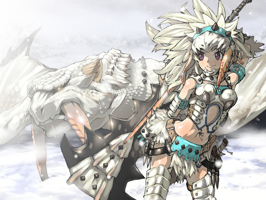 barioth barioth_(armor) haku_(sabosoda) knife midriff monster_hunter monster_hunter_portable_3rd navel navel_piercing piercing smile sword thighhighs tusks weapon white_hair