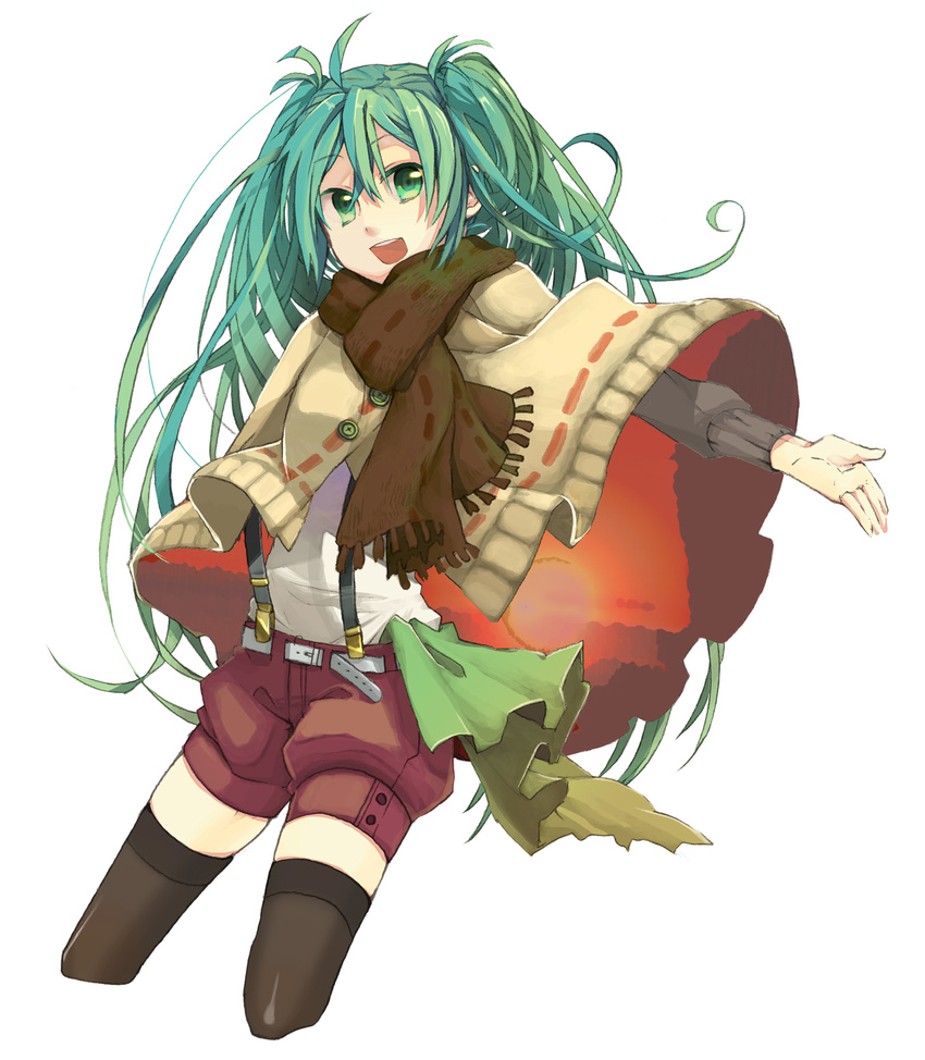 belt green_eyes green_hair hatsune_miku highres long_hair open_mouth outstretched_arm scarf shorts simple_background solo suspenders thighhighs vocaloid yuhki_k