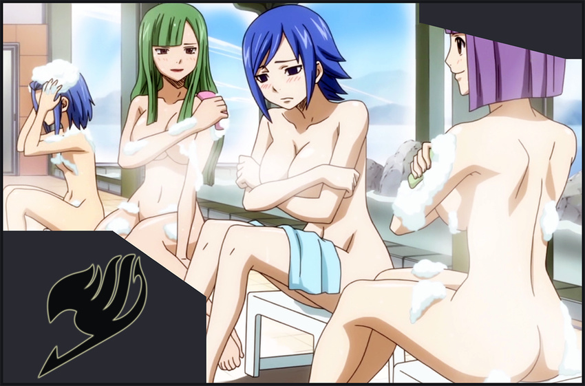 4girls ass bath bisca_mulan blue_eyes blue_hair bottomless breasts brown_eyes bubble bubbles fairy_tail flat_chest green_hair juvia_loxar laki_olietta large_breasts legs levy_mcgarden multiple_girls navel nude purple_hair short_hair sitting soap steam topless towel violet_hair