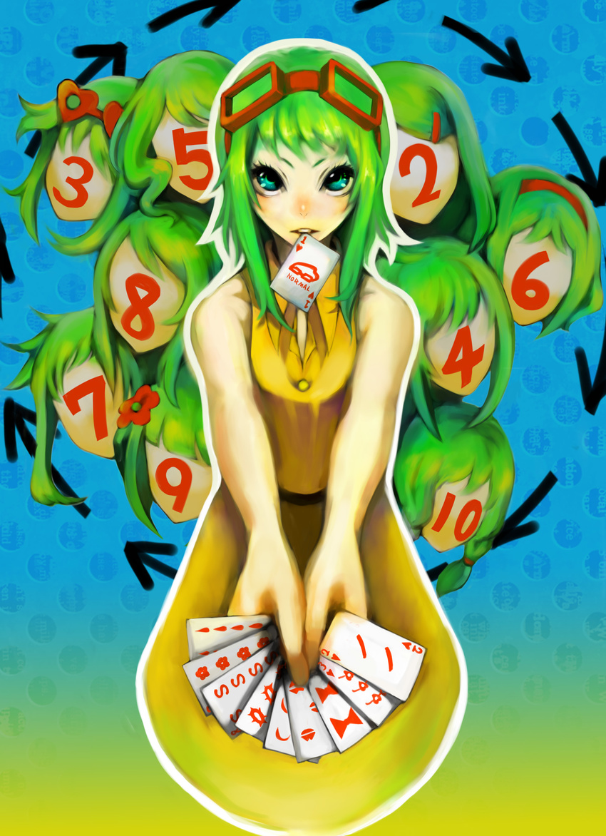 aqua_eyes card card_in_mouth goggles goggles_on_head green_hair gumi highres holding holding_card juu_mensou_(vocaloid) mouth_hold multiple_persona no.734 short_hair vocaloid