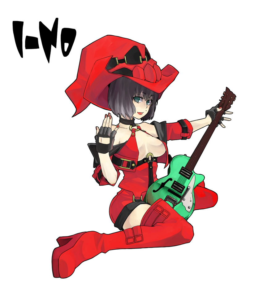 bare_shoulders black_hair boots breasts center_opening choker fingerless_gloves full_body gloves green_eyes guilty_gear guitar hat high_heels highres i-no instrument large_breasts miika miniskirt mole mole_above_mouth nail_polish red_hat shoes short_hair simple_background sitting skirt solo thigh_boots thighhighs wariza