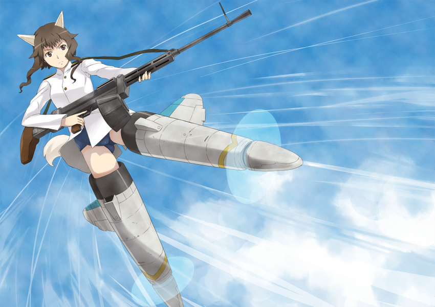 animal_ears blue_sky brown_eyes brown_hair day dog_ears dog_tail drum_magazine flying gun holding holding_gun holding_weapon jack_hamster long_hair machine_gun military military_uniform school_swimsuit sky solo speed_lines strike_witches striker_unit swimsuit tail takei_junko thighs trigger_discipline uniform weapon world_witches_series