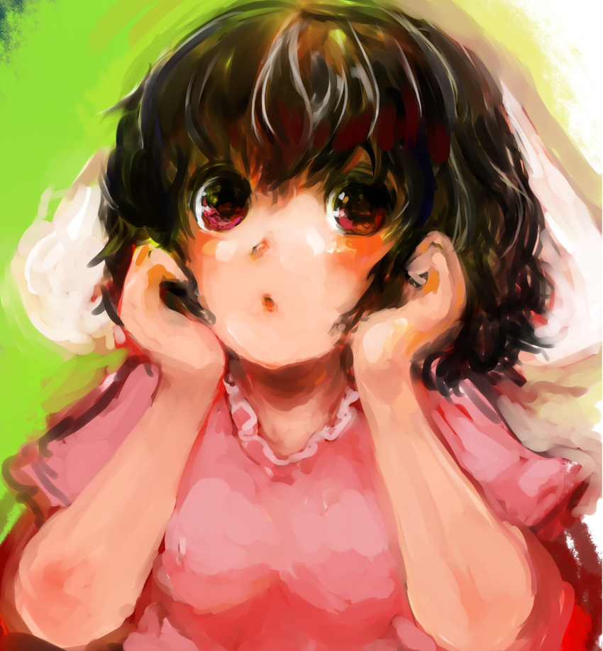 animal_ears bad_id bad_pixiv_id black_hair blush bunny_ears face hands_on_own_cheeks hands_on_own_face highres inaba_tewi maccha_cocoa_(mococo) red_eyes short_hair solo touhou upper_body