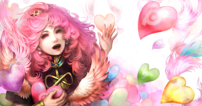 curly_hair earrings from_above heart jewelry long_hair megurine_luka open_mouth pink_hair solo vocaloid wavy_hair wings youshun_(naturaljuice)
