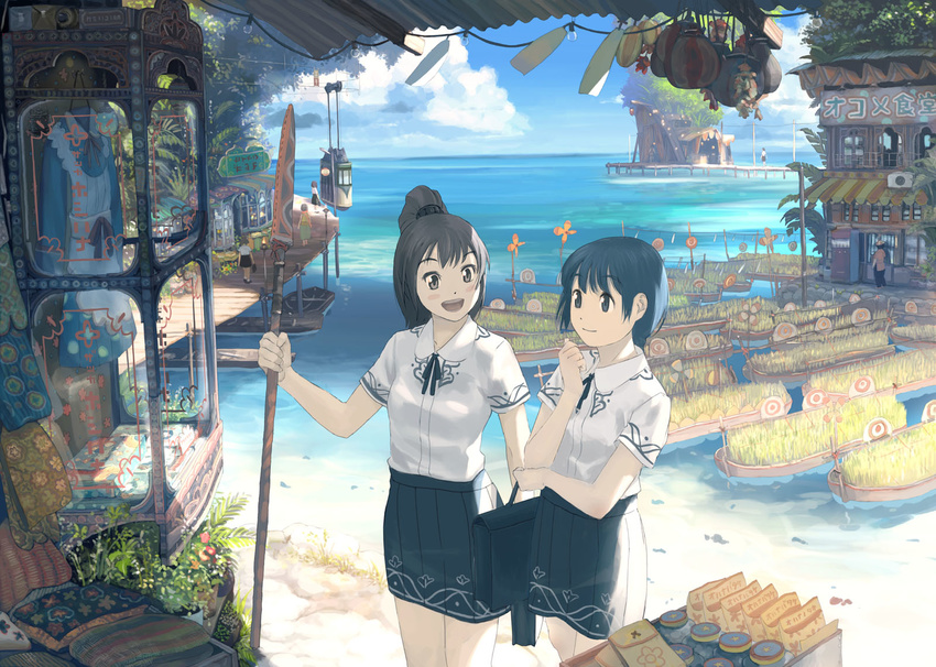 :d bad_id bad_pixiv_id bag bangs beach black_eyes black_hair black_skirt boat breast_hold breasts brown_eyes brown_hair building cable_car clenched_hand cloud collared_shirt corrugated_galvanised_iron_sheet day display dock dress dress_removed fabric grass hand_on_own_elbow hand_up high_ponytail highres holding holding_weapon horizon light_bulb looking_at_another looking_away multiple_girls neck_ribbon ocean open_mouth original outdoors people pinwheel pleated_skirt polearm ribbon school_bag school_uniform shirt shop short_sleeves side-by-side skirt smile spear standing stilt_house talking teikoku_shounen water watercraft weapon white_shirt window