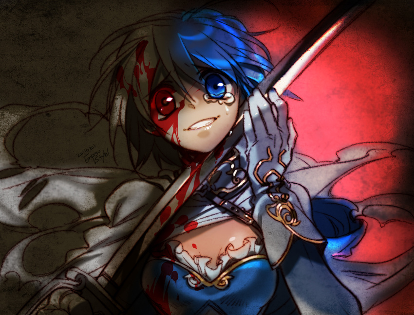 bad_id bad_pixiv_id blood blue_eyes blue_hair cape empew gloves grin heterochromia magical_girl mahou_shoujo_madoka_magica miki_sayaka red_eyes self-mutilation short_hair smile solo suicide sword tears upper_body weapon white_gloves