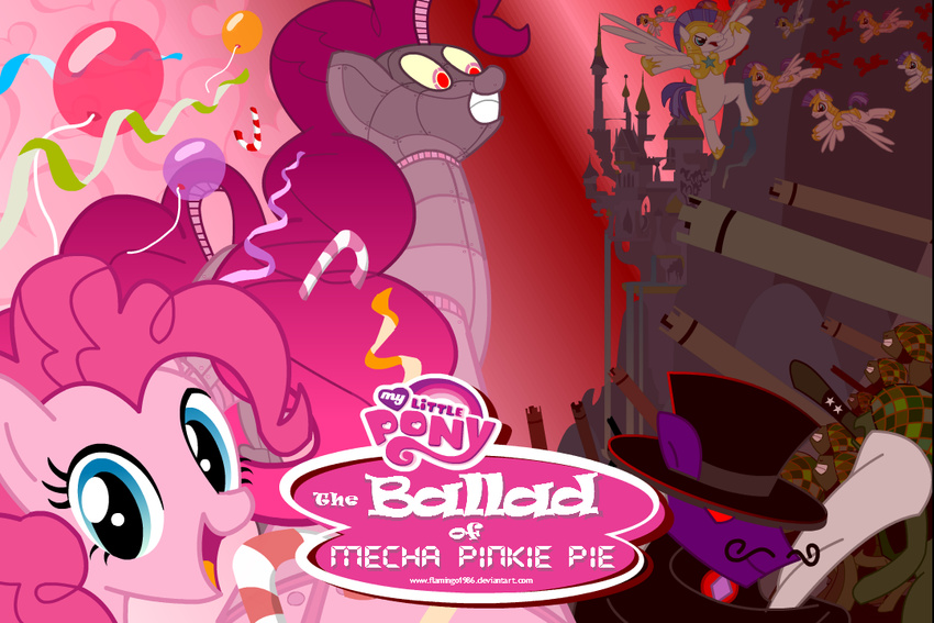 ambiguous_gender army_pony ballad_of_mecha_pinkie_pie balloons blue_eyes candy cannons english_text equine evil_mustache evil_villain_pony facial_hair female flamingo1986 friendship_is_magic fur group guard_pony hair hat horse looking_at_viewer machine mammal mecha_pinkie mecha_pinky mechanical mustache my_little_pony pegasi_guard_(mlp) pegasus pink_fur pink_hair pink_theme pinkie_pie_(mlp) pony red_eyes robot royal_guard_(mlp) text top_hat wings