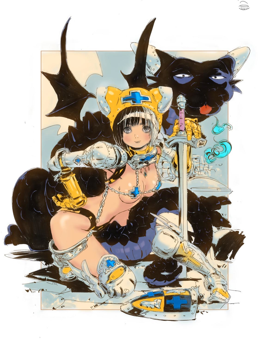 armor bikini_armor black_hair breasts cleavage cross dragon grey_eyes hat highres large_breasts original shield solo sword tongue ushijima_iiniku weapon yasuda_akira