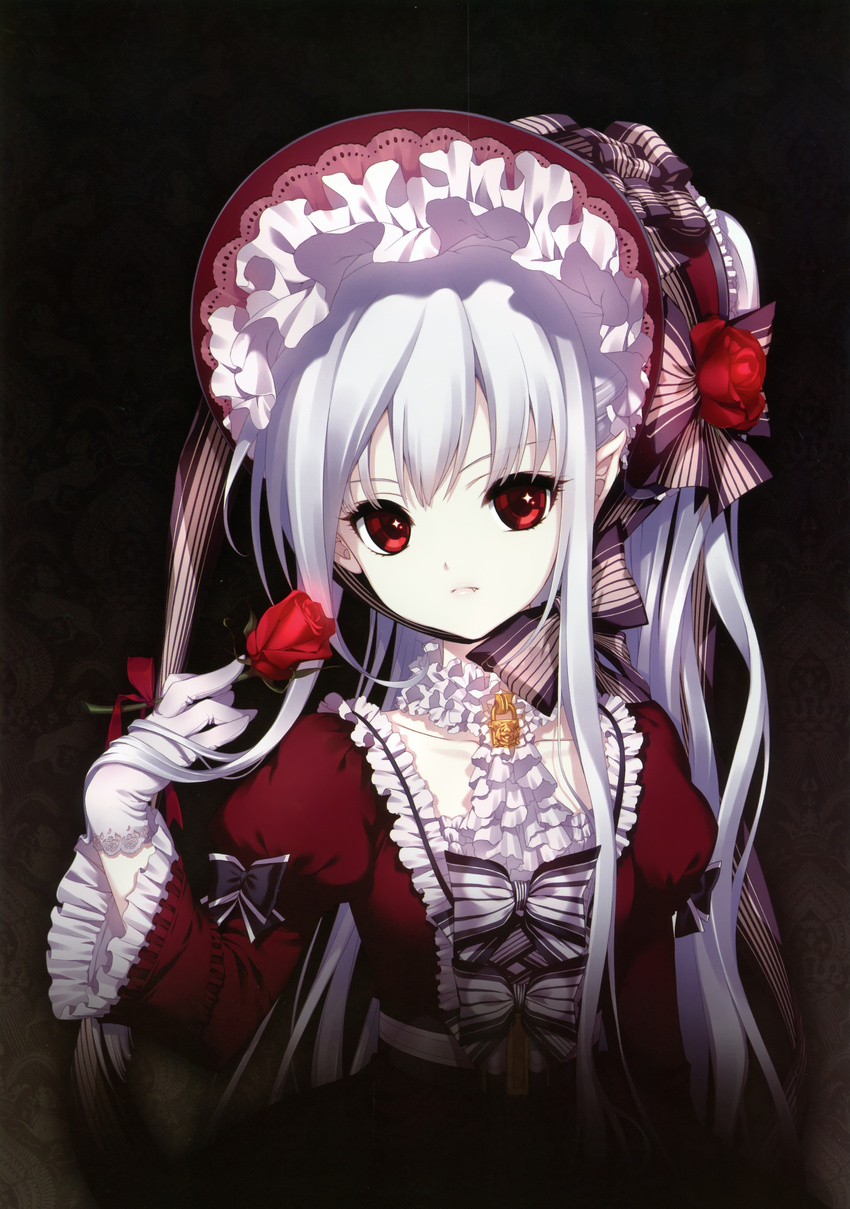 absurdres bonnet dark dress eyelashes face fang fang_out flower french frills gloves hat highres lace lace-trimmed_gloves lolita_fashion long_hair looking_at_viewer original pale_skin pointy_ears red_eyes red_flower red_rose rose scan shirahane_nao silver_hair solo vampire white_gloves