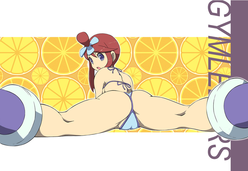 ass bee-j1 bikini blue_eyes boots breasts fuuro_(pokemon) gym_leader hair_ornament large_breasts looking_back lying makoto_daikichi on_stomach open_mouth pokemon pokemon_(game) pokemon_black_and_white pokemon_bw ponytail red_hair side_ponytail spread_legs swimsuit