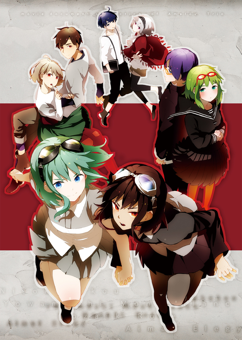 5girls aimai_elegy_(deco27) akka black_hair blue_eyes blue_hair blush book brown_hair couple creator_connection dual_persona eyewear_on_head glasses goggles goggles_on_head green_eyes green_hair grey_hair gumi hairband hands_together hetero highres holding_hands legwear_under_shorts mosaic_roll_(vocaloid) multiple_boys multiple_girls nisoku_hokou_(vocaloid) orange_eyes orange_legwear original own_hands_together pantyhose poncho purple_eyes purple_hair red_eyes school_uniform serafuku short_hair shorts sitting skirt songover suspenders vocaloid yowamushi_mont-blanc_(vocaloid)