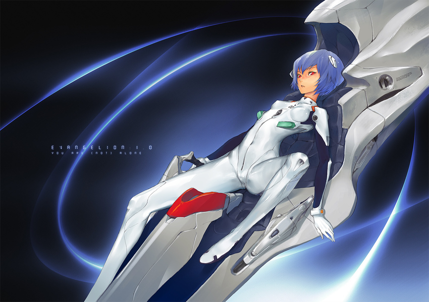 ayanami_rei blue_hair bodysuit breasts evangelion:_1.0_you_are_(not)_alone highres neon_genesis_evangelion plugsuit rebuild_of_evangelion red_eyes redjuice shiny skin_tight small_breasts solo white_bodysuit