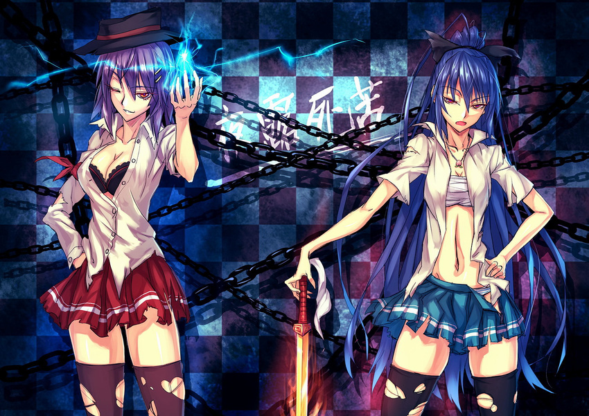 alternate_costume bandages black_bra black_legwear blue_hair bow bra breasts chain checkered checkered_background cleavage contemporary dress_shirt electricity grin hair_bow hair_ornament hairpin hand_on_hilt hat hinanawi_tenshi jewelry lingerie long_hair medium_breasts midriff multiple_girls nagae_iku navel necklace one_eye_closed open_clothes open_mouth open_shirt open_skirt panties ponytail red_eyes ryuuzaki_ichi school_uniform shirt short_hair skirt smile striped striped_panties sword sword_of_hisou thighhighs tiles torn_clothes torn_legwear touhou translation_request underwear weapon white_shirt zettai_ryouiki