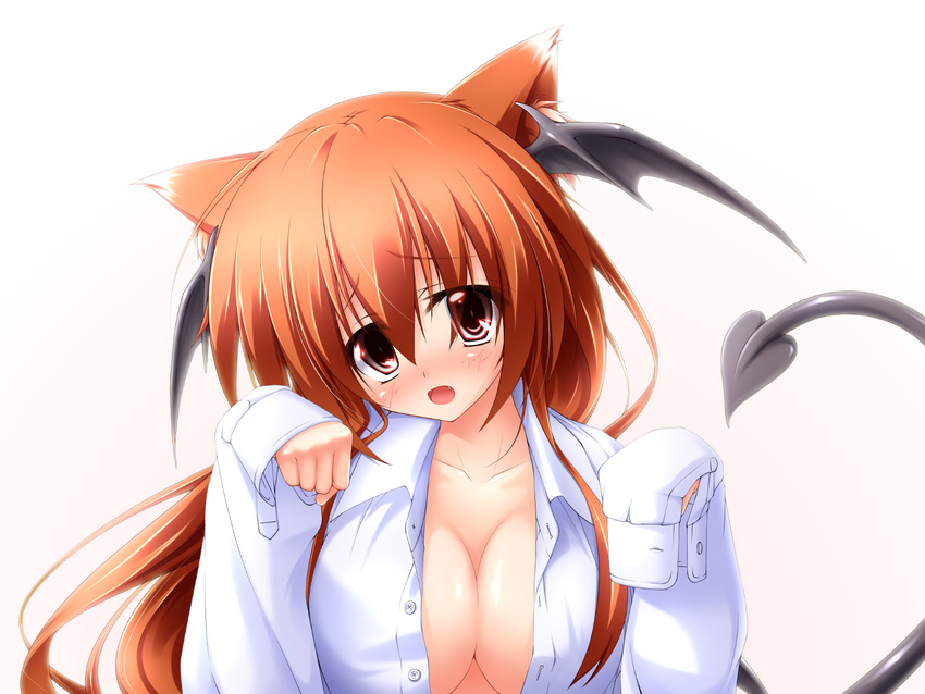 :o animal_ears bat_wings blush breasts cat_ears cleavage demon_tail fang head_wings highres kemonomimi_mode koakuma large_breasts long_hair midoriiro_no_shinzou open_clothes open_mouth open_shirt paw_pose red_eyes red_hair shirt sleeves_past_wrists solo tail touhou wings
