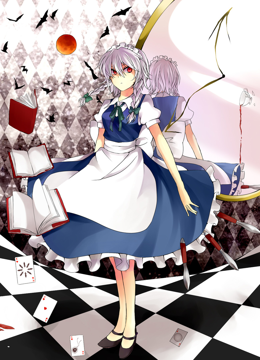 bad_id bad_pixiv_id bat book bow braid broken card cup falling_card hair_bow highres izayoi_sakuya knife maid maid_headdress moon no_socks playing_card red_eyes red_moon reflection short_hair silver_hair solo surumeri_(baneiro) tea teacup touhou twin_braids watch