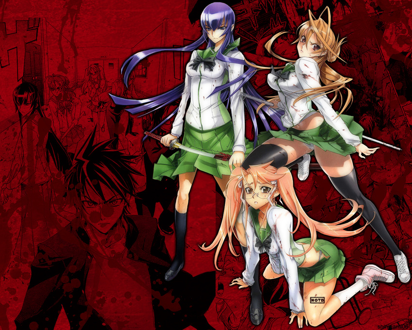 blood busujima_saeko highschool_of_the_dead hirano_kohta komuro_takashi marikawa_shizuka miyamoto_rei panties pink_hair red seifuku sword takagi_saya thighhighs underwear weapon