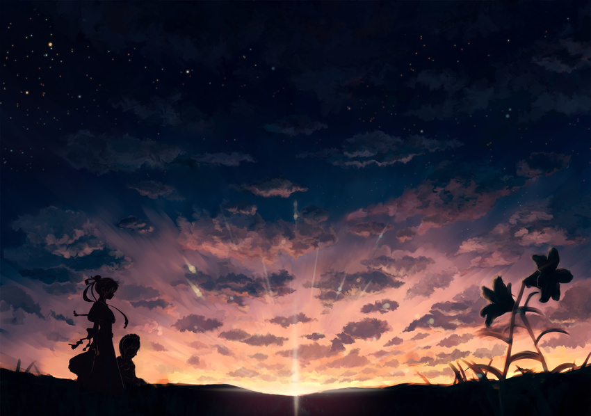 cloud flower highres jakku md5_mismatch multiple_girls night original silhouette sitting standing star_(sky) sunset