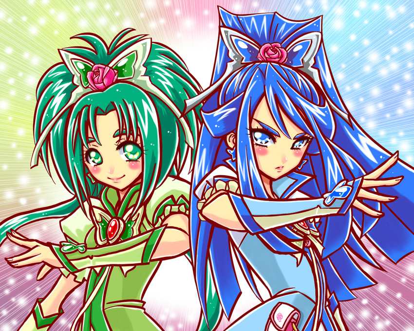 ahoge akimoto_komachi blue_eyes blue_hair blush bug butterfly cure_aqua cure_mint earrings flower gloves green_eyes green_hair hair_flower hair_ornament insect jewelry long_hair magical_girl minazuki_karen multiple_girls omochi100ko ponytail precure red_flower red_rose rose serious sidelocks smile yes!_precure_5