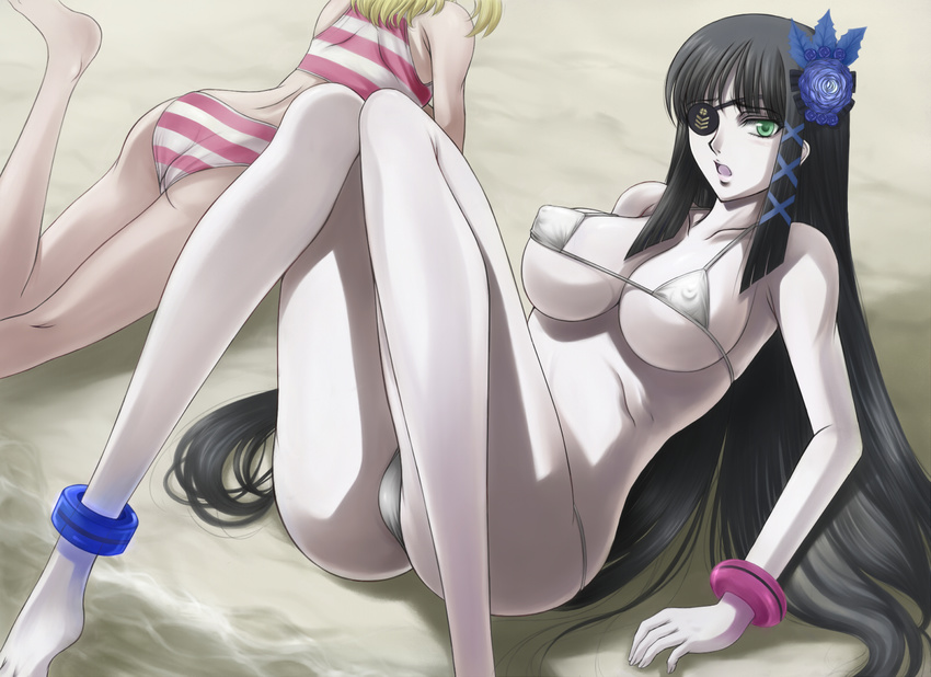 anklet bad_id bad_pixiv_id bikini black_hair bracelet breasts covered_nipples emilia_percival green_eyes highres jewelry large_breasts legs long_legs miyamasa multiple_girls nagisa_(psp2i) pale_skin phantasy_star phantasy_star_portable_2 phantasy_star_portable_2_infinity ribbon swimsuit thighs underboob