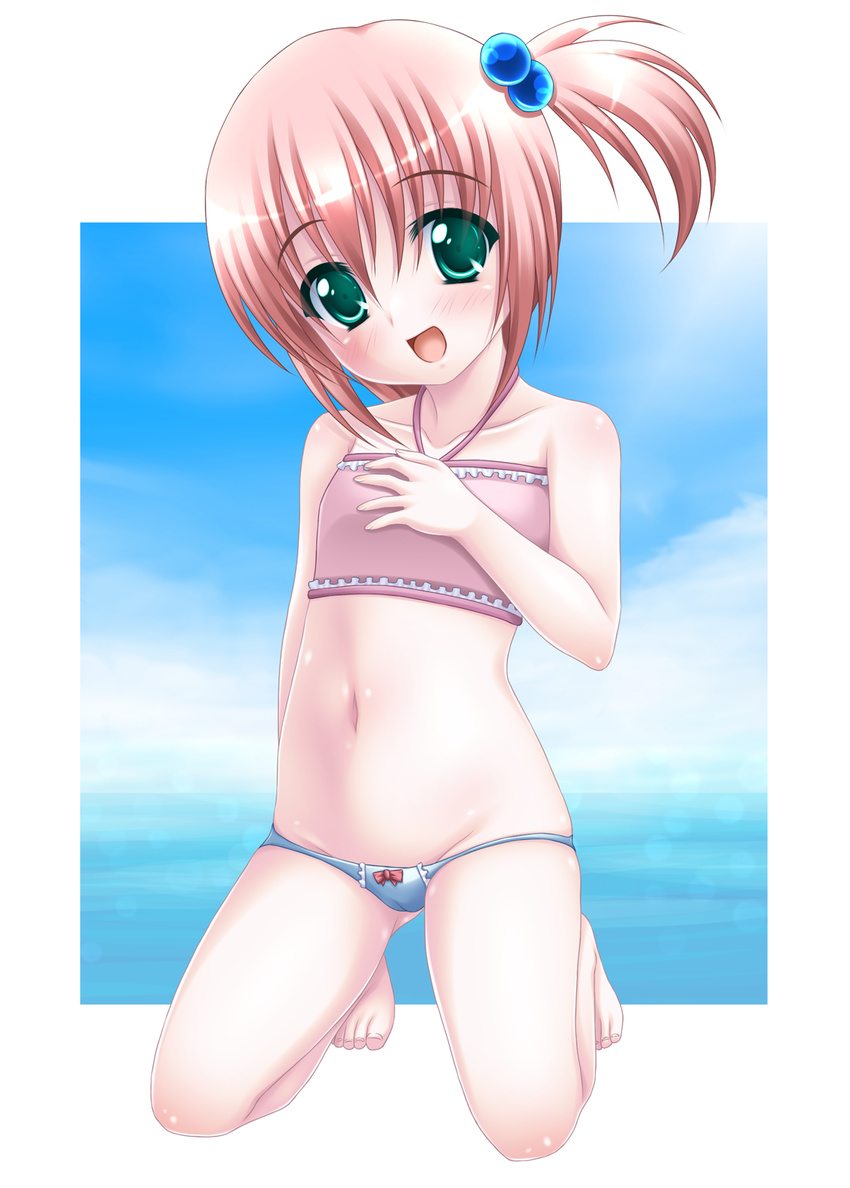 :d bad_id bad_pixiv_id bare_shoulders barefoot blush brown_hair flat_chest green_eyes groin hair_bobbles hair_ornament hand_on_own_chest highres kneeling navel open_mouth original side_ponytail smile solo swimsuit yuunagi_kanade