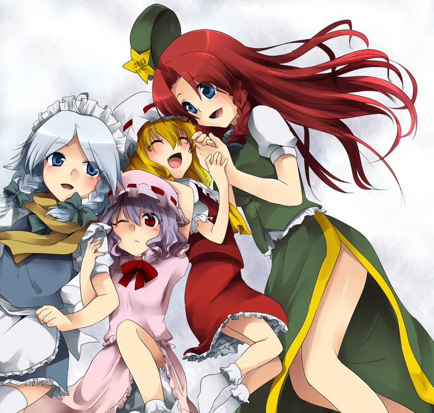 ;&lt; ahoge ascot bad_id bad_pixiv_id blonde_hair blouse blue_eyes bobby_socks bow braid closed_eyes dress fang flandre_scarlet frilled_dress frilled_skirt frills hair_bow hat hat_removed hat_ribbon headwear_removed hong_meiling izayoi_sakuya long_hair maid maid_headdress marimo_danshaku multiple_girls neck_ribbon one_eye_closed open_mouth purple_hair red_eyes red_hair remilia_scarlet ribbon scarf short_hair side_slit silver_hair skirt slit_pupils smile socks star thighhighs touhou twin_braids vest white_legwear