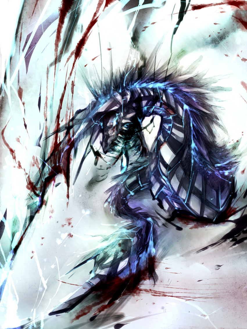 blue_eyes electricity foreshortening glowing glowing_eyes highres horns mamuru monster no_humans original sharp_teeth spikes standing teeth