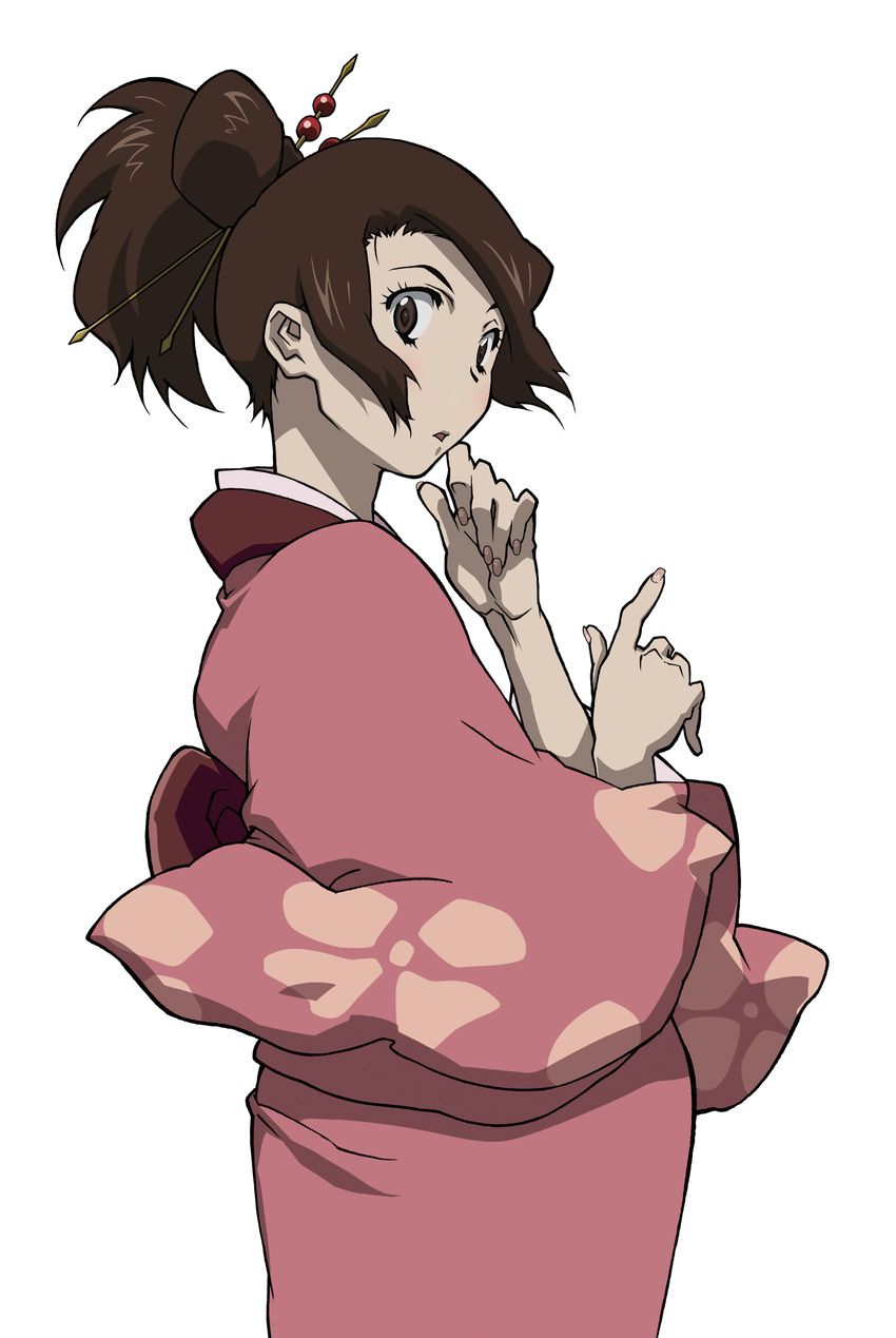absurdres artist_request brown_eyes brown_hair fingernails fuu hair_ornament hairpin highres japanese_clothes kimono long_sleeves looking_back nail_art official_art pink_kimono pointing samurai_champloo simple_background solo white_background yukata
