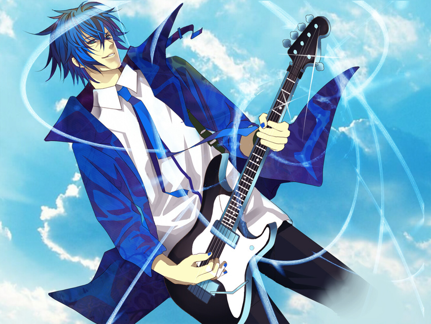 artist_request blue day electric_guitar guitar instrument jacket kaito male_focus necktie sky solo vocaloid whammy_bar
