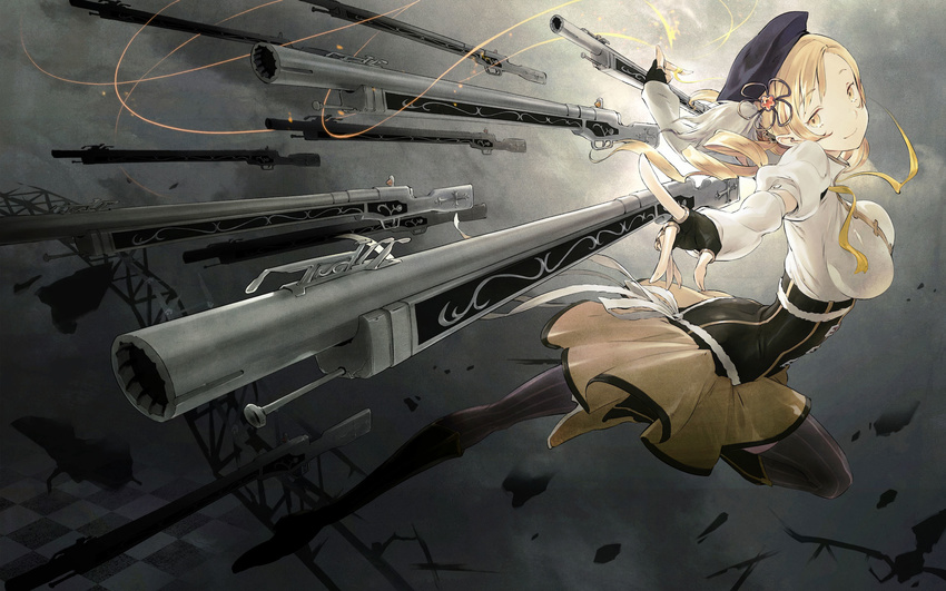 arm_warmers backlighting beret blonde_hair breasts drill_hair fingerless_gloves foreshortening gloves gun hat highres large_breasts magical_girl magical_musket mahou_shoujo_madoka_magica ornate outstretched_arms puffy_sleeves qni rifle short_hair slender_waist smile solo spread_arms thighhighs tomoe_mami twintails weapon yellow_eyes