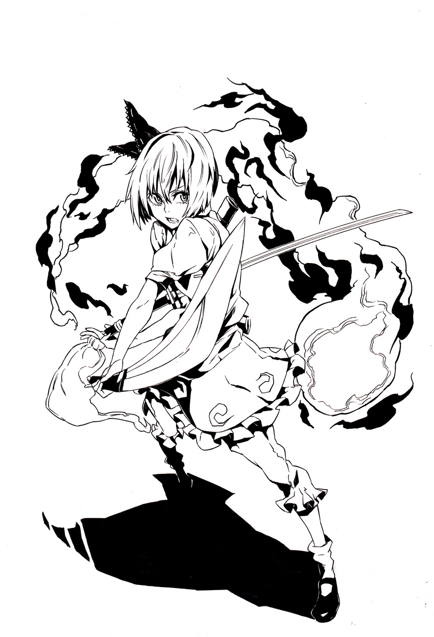 absurdres bad_id bad_pixiv_id bow dual_wielding greyscale hair_bow highres holding iro_marimo konpaku_youmu konpaku_youmu_(ghost) monochrome open_mouth short_hair short_sleeves solo sword touhou weapon