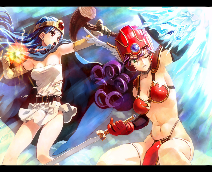 abs armor armpits bikini_armor blue_hair breasts chimochimo cleavage dragon_quest dragon_quest_iii gloves green_eyes helmet large_breasts medium_breasts multiple_girls navel purple_hair red_armor red_eyes sage_(dq3) shirt soldier_(dq3) sword taut_clothes taut_shirt torn_clothes weapon wince winged_helmet