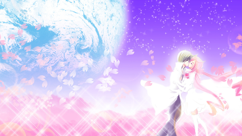 1girl ahoge brooch cherry_blossoms closed_eyes coat couple dress dune_(heartcatch_precure!) green_hair heart heartcatch_precure! hetero highres hug jewelry kiss littlelily long_hair magical_girl mugen_silhouette pants petals pink_hair planet precure space sparkle thighhighs twintails