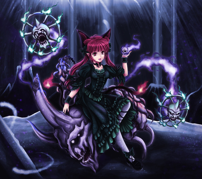 animal_ears bad_id bad_pixiv_id bell cat_ears cat_tail choker jingle_bell kaenbyou_rin mary_janes monster multiple_tails pointy_ears red_eyes red_hair shoes sitting skull skyspace solo tail thighhighs touhou twintails white_legwear