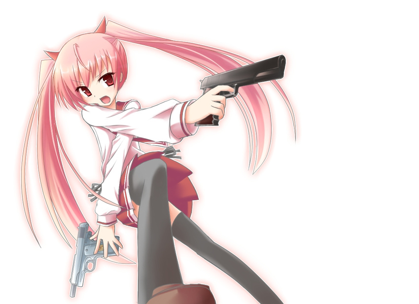 black_legwear gun handgun hidan_no_aria kanzaki_h_aria locked_slide m1911 open_mouth pink_hair pistol rate_rapiku red_eyes school_uniform solo thighhighs twintails weapon