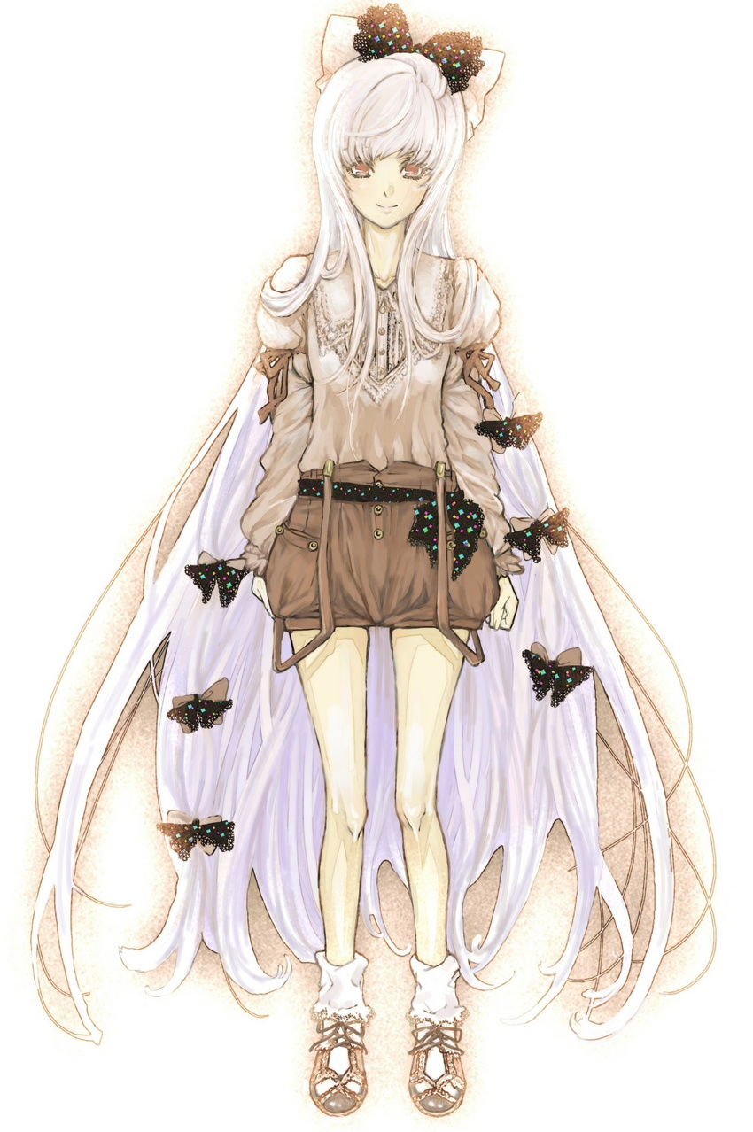 absurdres adapted_costume alternate_color alternate_costume bad_id bad_pixiv_id bare_legs bug butterfly contemporary fujiwara_no_mokou hair_ribbon highres insect long_hair poruhi ribbon shorts simple_background smile solo standing suspenders touhou very_long_hair white_hair