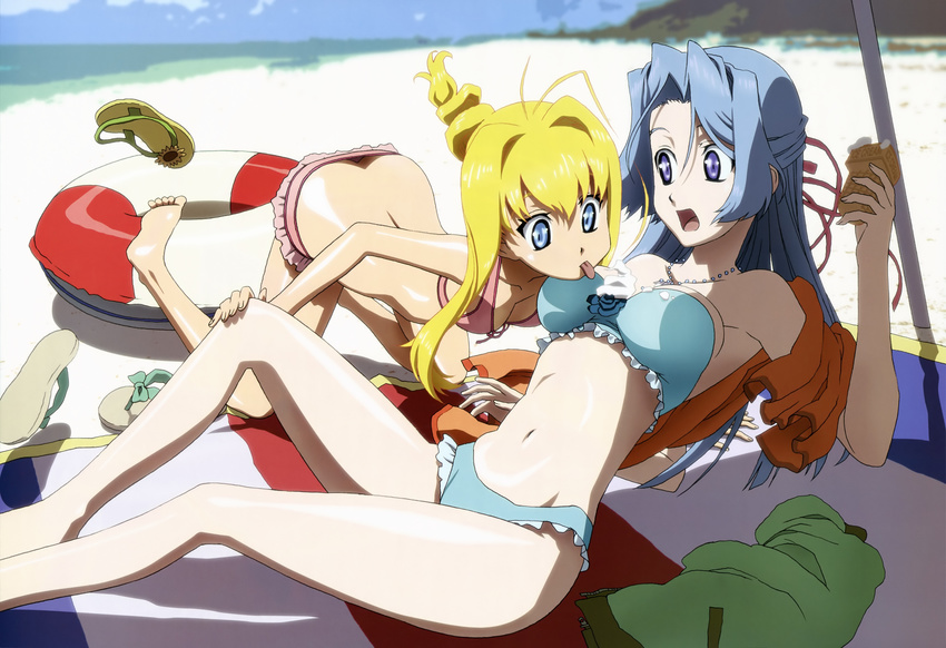 :p absurdres antenna_hair barefoot beach bikini blonde_hair blue_eyes blue_hair breasts cleavage dragon_crisis! feet food hair_ribbon highres ice_cream innertube ishihama_masashi legs licking long_legs maruga_(dragon_crisis!) medium_breasts multiple_girls nyantype ocean official_art open_mouth parasol ribbon rose_(dragon_crisis!) sandals scan swimsuit tongue tongue_out umbrella water