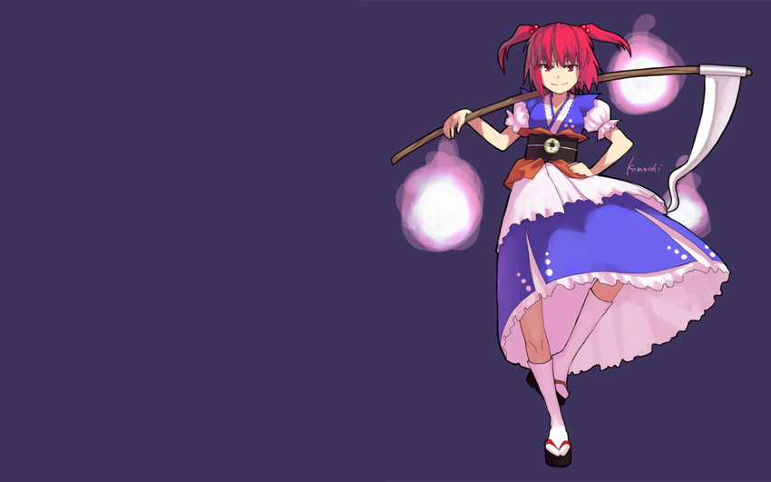 dress onozuka_komachi purple red_hair scythe touhou weapon