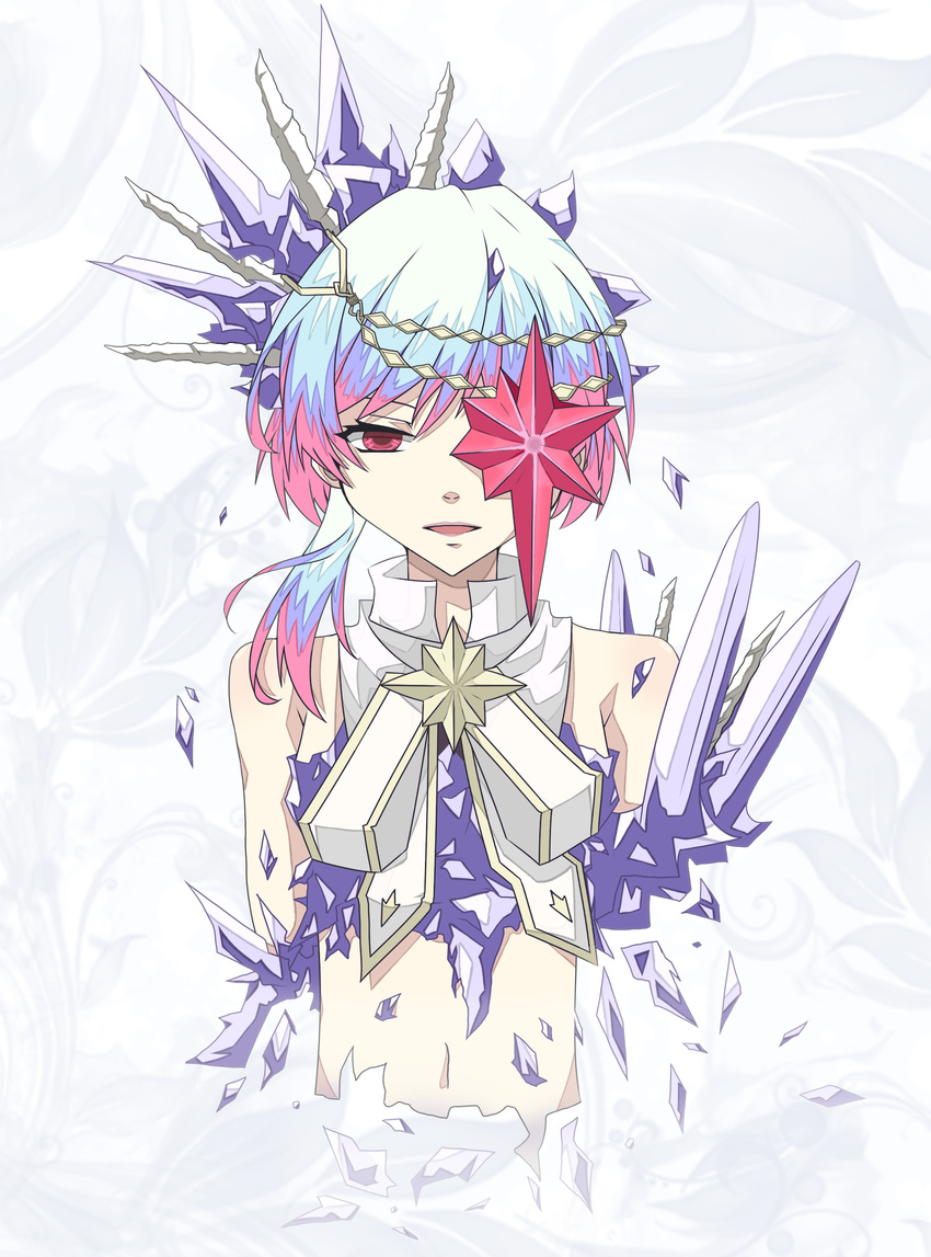 aisucyoko bad_id bad_pixiv_id blue_hair bow brooch crystal eyepatch hair_ornament hairpin highres jewelry midriff multicolored_hair navel pink_hair purple_hair razalis_(tales) red_eyes ribbon short_hair sidelocks smile solo tales_of_(series) tales_of_the_world_radiant_mythology_3 white_hair