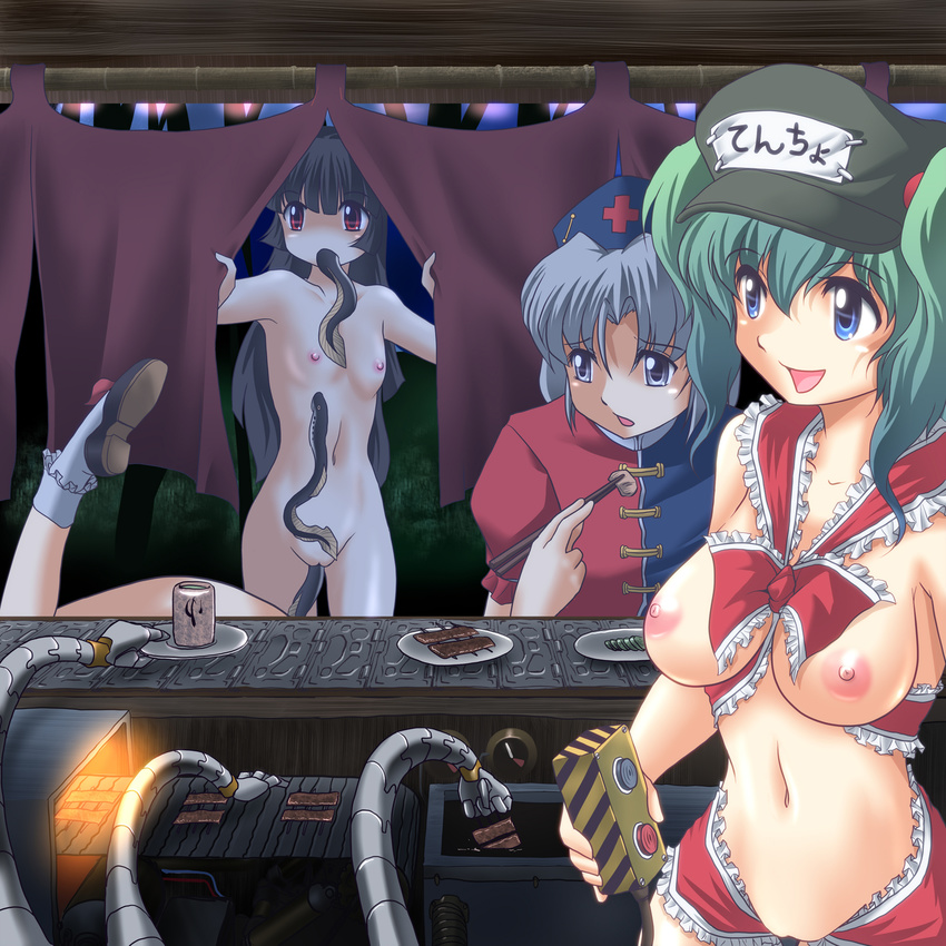 black_hair breasts controller conveyor_belt curtain_grab curtains eating eel flat_chest food_stand gauge glowing green_hair hat hazard_stripes highres houraisan_kaguya ibuki_suika kawashiro_nitori large_breasts long_hair mechanical_arm multiple_girls naked_ribbon navel nipples noren nude oven pushbutton remote_control ribbon silver_hair touhou two_side_up wancozow yagokoro_eirin yatai