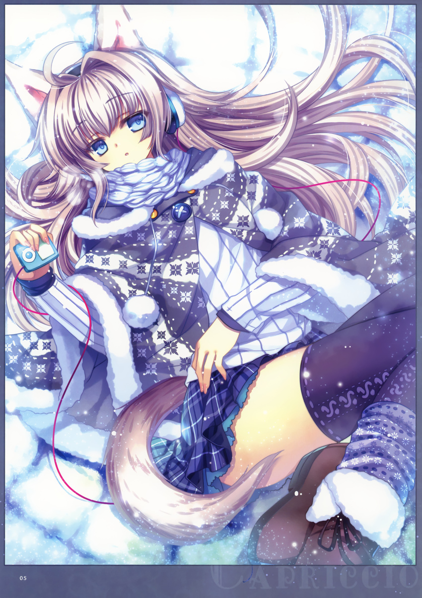 1girl absurdres ahoge animal_ears black_legwear black_thighhighs blonde_hair blue_eyes boots breath capura_lin digital_media_player hair_intakes headphones highres long_hair lying on_back original plaid plaid_skirt scarf shawl skirt snow solo sweater tail tartan thighhighs winter_clothes zettai_ryouiki