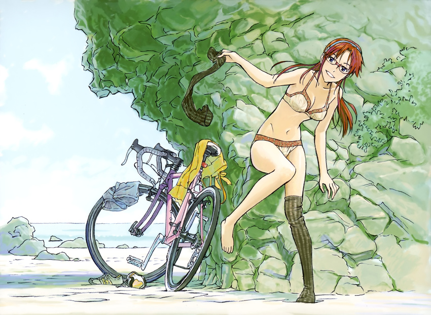 barefoot beach bicycle bikini blue_eyes day duplicate evangelion:_2.0_you_can_(not)_advance glasses ground_vehicle hairband highres makinami_mari_illustrious navel neon_genesis_evangelion rebuild_of_evangelion red_hair single_thighhigh sock_pull solo swimsuit thighhighs undressing