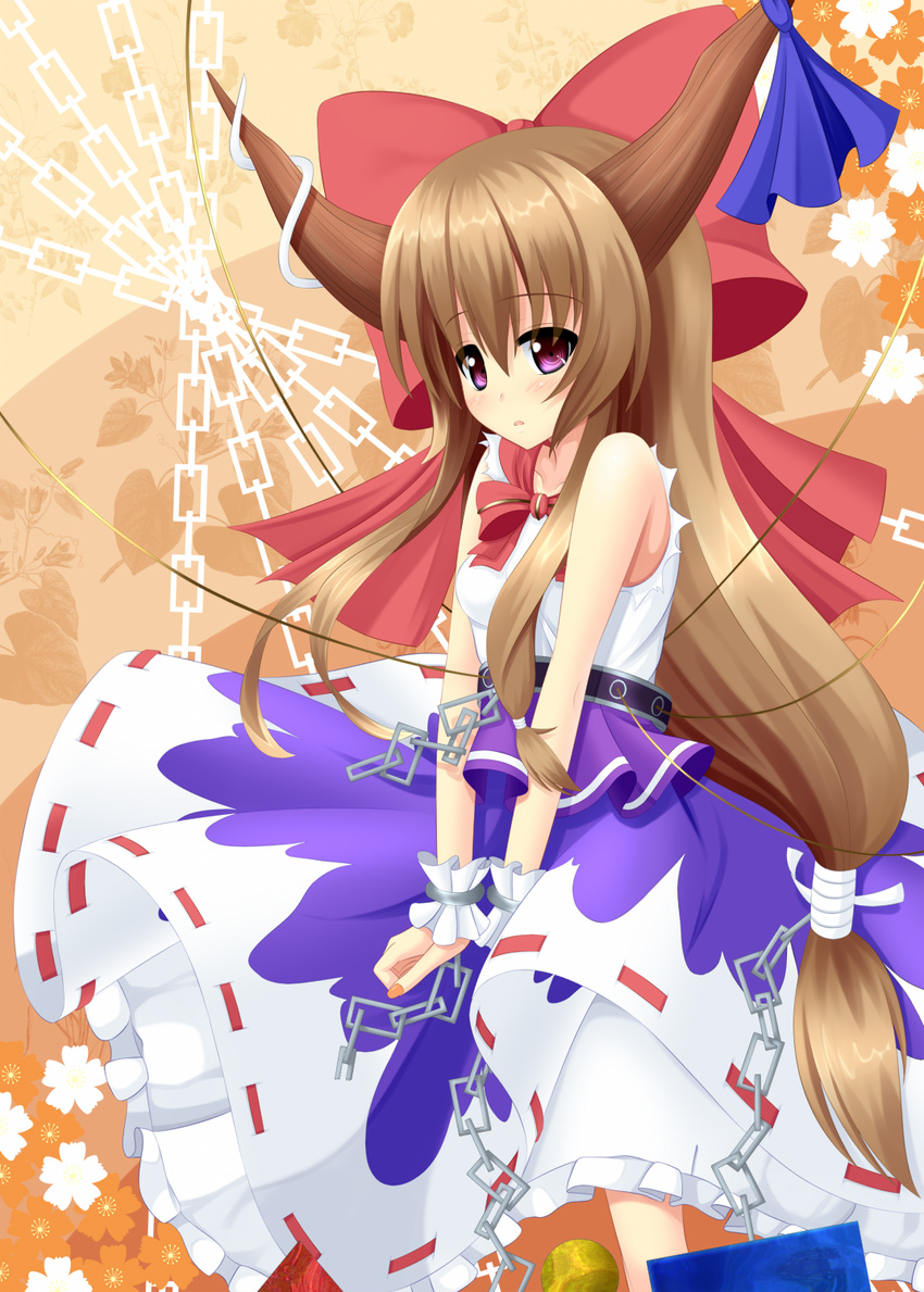 bare_shoulders blush bow brown_hair chain cube dress hair_bow highres horn_ribbon horns ibuki_suika long_hair purple_eyes pyramid_(geometry) ribbon sleeveless solo sphere touhou yoye_(pastel_white)